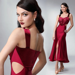 Women's Emerald Green, Burgundy, Black, Dusty Rose, and Copper Sleeveless Lace-Up Side Cut-Out Tango Dance Dress