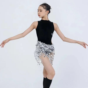 Girls' Black Sleeveless Mock Neck Leotard with Gold Sequin Mesh Skirt Latin Dance Dress