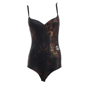 Women's Black & Bronze Snake Print Fringe Latin Dance Dress with Pleated Fan Detail