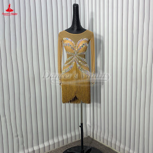 Women's Gold Rhinestone Fringe Latin Dance Dress - Open Back, Long Sleeve, Mesh Bodice