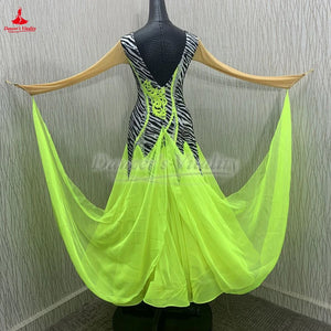 Ballroom Dance Dress Women's Black & White Zebra Print with Neon Yellow Lace & Chiffon Panels, Long Sleeve Standard Smooth