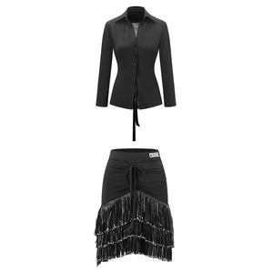 Women's Black Long Sleeve Button-Front Dance Shirt with Tiered Fringe Latin Skirt