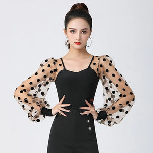 Women's Black Polka Dot Mesh Sleeve Latin Dance Top