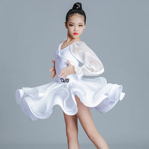 Kids Girls White Mesh Long Sleeve Ruffled Latin Ballroom Dance Dress with Layered Skirt