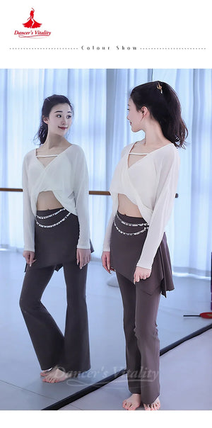 Women's Belly Dance High-Waisted Bell-Bottom Pants And Hip Scarf 2-Piece Set For Adult Practice