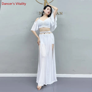 Belly Dance Costume Women Purple V-Neck Off-Shoulder Crop Top and Slit Skirt Set with Rhinestone Detail