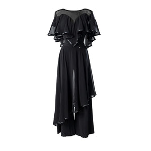 Women's Black Sheer Ruffle Ballroom Dance Top and Wide Leg Pants Set