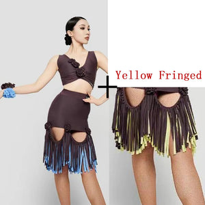 Women's Leopard Print Pink Fringe Latin Dance Dress, Mesh Sleeves