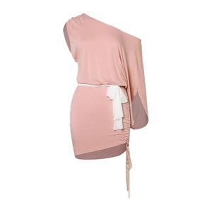 Women's Pink Off-Shoulder Dolman Sleeve Ruched Mini Dress with White Tie, Ballet Dance
