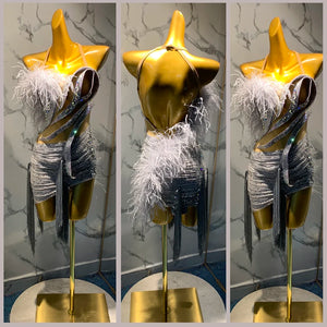 Women's Gray Feathered Rhinestone Fringe Latin Dance Dress