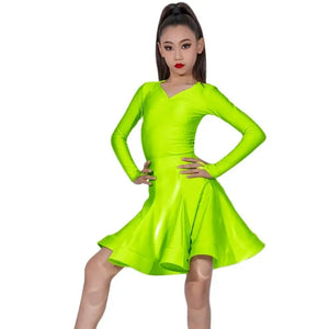 Girls Ballroom Dance Dress, Long Sleeve V-Neck Ruffle Skirt Latin Dance Costume