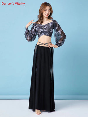 Women's Black Sparkle Long Sleeve Crop Top & High Slit Skirt Belly Dance Costume