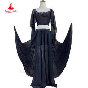 Belly Dance Costume Women's Royal Blue Chiffon & Spandex Crop Top with Sheer Sleeves and Long Skirt with Slits