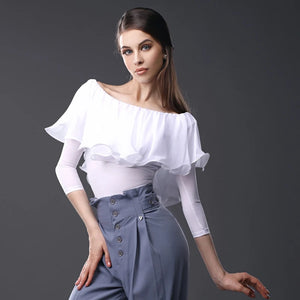 Women's White Ruffled Off-Shoulder Bodysuit with Long Sleeves, Blue High-Waisted Button-Front Pants for Latin Dance