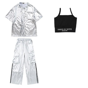 Kids' Silver Metallic Hip Hop Dance Costume Set, Loose Fit Short Sleeve Shirt & Cargo Pants
