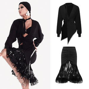 Latin Dance Dress Women's Black Long Sleeve Asymmetrical Top with Tie-Front, Ruched Fringe Sequin Skirt Set