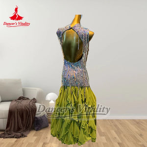 Latin Dance Dress Women's Green & Silver Rhinestone Fringe Open Back Ruffled Chiffon Ballroom Competition Gown