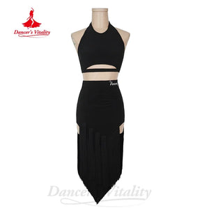 Women's Black Halter Crop Top and Fringe Skirt Latin Dancewear Set