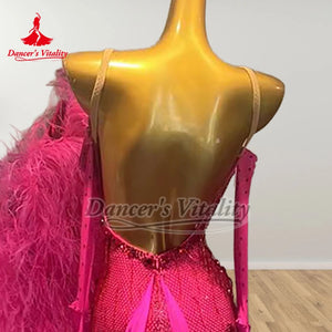 Ballroom Dance Dress Women's Fuchsia Sequin & Rhinestone Open Back Asymmetrical Neckline with Feather Boa Standard Smooth Dance Gown