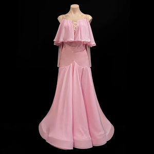 Ballroom Dance Dress Women Navy Blue Chiffon Off-Shoulder Lace-Up Back Long Sleeve Full Skirt