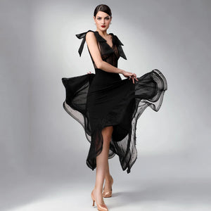Women's Black Sheer Mesh & Bow Detail Ballroom Latin Rhythm Dance Dress with Beaded Hem
