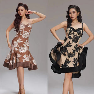 Women's Beige Black Floral Lace Latin Dance Dress - Spaghetti Strap, Asymmetrical Hem