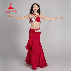 Women's Belly Dance 2-Piece Costume With AB Rhinestone Bra and Fishtail Skirt for Adult Competition