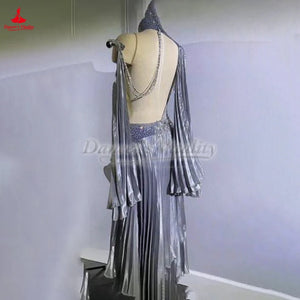 Women's Silver Sequin & Rhinestone Embellished Asymmetrical Latin Ballroom Dance Dress with Pleated Skirt and Draped Sleeves