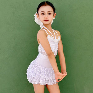 Girls' White Halter Lace Ruffled Latin Dance Dress