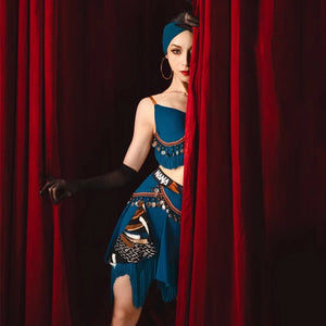 Belly Dance Costume Women Blue Fringe Sequined Skirt Top Set Tribal Fusion Dancewear
