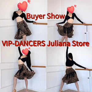 Women's Black Long Sleeve Knot Front Crop Top and Leopard Print Ruffle Skirt Latin Dancewear Set