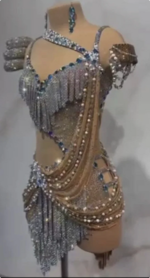 Women's Silver & Blue Bejeweled Fringe & Pearl Latin Dance Dress with Cut-Outs and Armbands