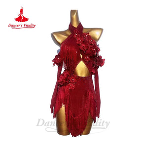 Women's Red Sequin Fringe Halter Latin Dance Dress with Floral Embellishments