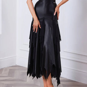 Women's Black Mesh & Satin Halterneck Latin Rhythm Ballroom Dance Dress with Ruffled Skirt