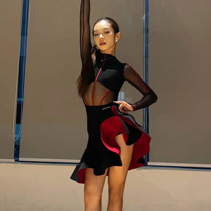 Women's Black & Red Mesh Cutout Latin Dance Dress with Open Back