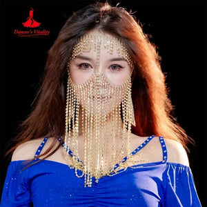 Belly Dance Face Veil Mask, Women's Gold Sparkly Rhinestone Tassel Headpiece, Egyptian Dance Jewelry Accessory