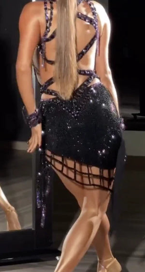 Latin Dance Dress, Women's Black Sequin Cut-Out Halterneck Rhinestone Performance Dress