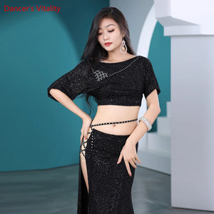 Women's Pink Sequin Embellished Crop Top & Side Slit Skirt Set, Belly Dance Costume