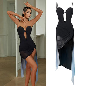 Women's Black Ombre Mesh Ruched Slit Spaghetti Strap Bodycon Latin Dance Dress