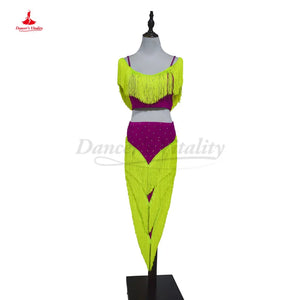 Women's Hot Pink & Yellow Fringe Belly Dance Costume Set with Off-Shoulder Top and High-Slit Skirt