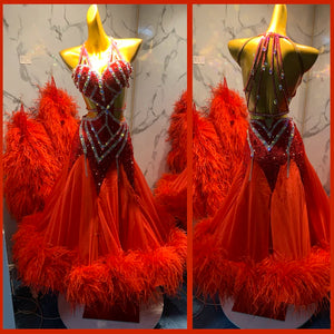 Ballroom Dance Dress Women's Red Beaded Feather Halterneck Open Back Latin Rhythm