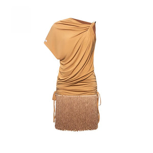 Women's Blue One-Shoulder Ruched Fringe Latin Dance Dress