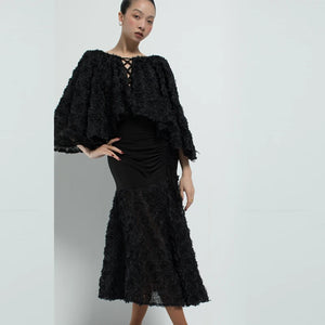 Women's Black Ruffled V-Neck Top and Ruched Ruffle Hem Skirt Latin Dance Dress