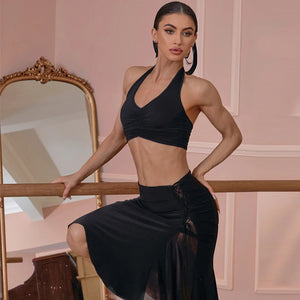 Women's Black Halter Neck Ruched Crop Top & Side Drawstring Ruffle Hem Skirt Latin Dancewear Set