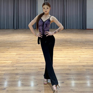 Women's Brown and Purple Lace V-Neck Cami Bodysuit with Black Flare Dance Pants Latin Ballroom Performance Outfit