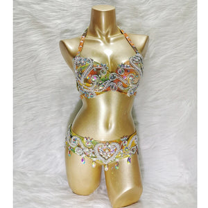 Women's Gold Ombre Sequin Rhinestone Halter Bra & Belt Set, Belly Dance