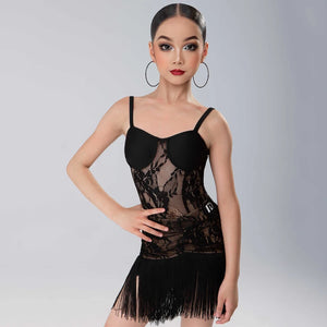 Girls Black Lace Fringe Latin Dance Dress