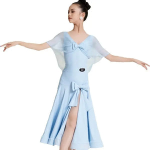 Girls' Light Blue Ballroom Latin Dance Dress with Chiffon Cape Sleeves and Bow Detail