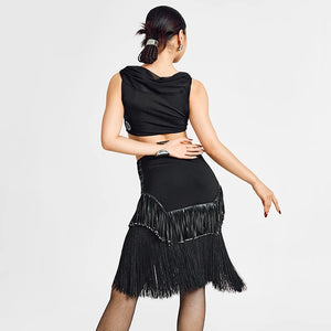 Women's Black Fringe Latin Dance Top and Skirt Set with Lacing Detail, Mesh Neckline