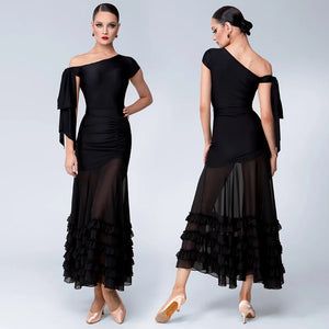 Dance Dress Women's Black One-Shoulder Ruched Chiffon Ruffled Ballroom Latin Dance Dress